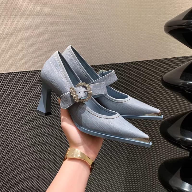 Fashion Rhinestone Buckle High Heels Autumn New Fashion Pointed Toe Shallow Mouth Temperament Simple Soft Leather Single Shoes Women