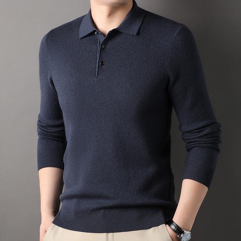 Spring and Autumn Cardigan Men's Lapel Sweater 100 Pure Wool Sweater Bottoming Shirt Dad Top Men's Clothing