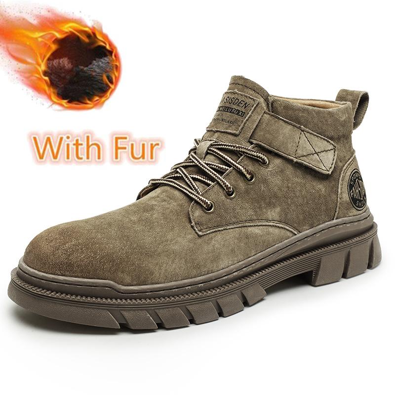 Fashion Genuine Leather Mens Biker Boots Man Non-Slip Retro Men's High Top Shoes British Style Botas Warm Plush Fur Winter Ankle Boots