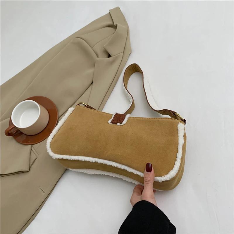 Versatile Fur Shoulder Bag  Suede Patch  Lamb's Wool  Retro Fur