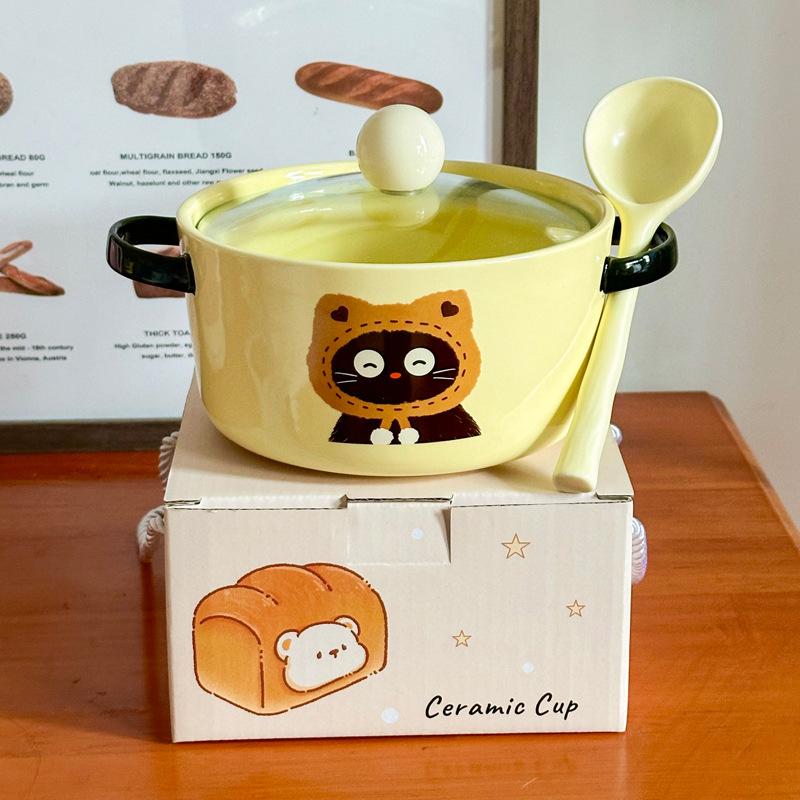 Cute cat ceramic instant noodle bowl with lid student dormitory instant noodle bowl large capacity snail powder personal special bowl