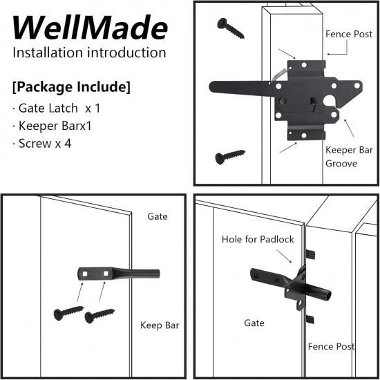 WellMade Heavy Duty Self-Locking Gate Latch for Wooden Fence, Post Mount Automatic Gravity Lever Door Latches for Garden Outdoor/Pool Gate, Metal