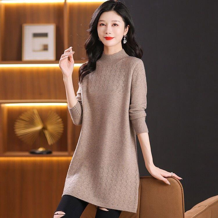 Half Turtleneck Knitted Sweater Solid Color Casual Sweater Dress for Women Mid-length Pullover for Women Sweater Autumn and Winter Inner Knitwear