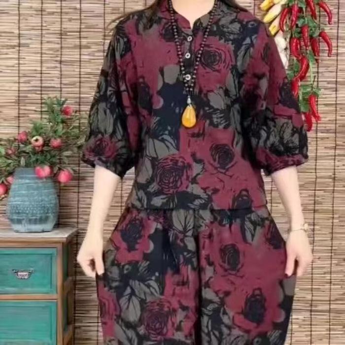 Summer Loose and Slimming Printed Casual Suit - Youthful, Concealing Fat, Fashionable and Retro Harem Pants Set of Two Pieces