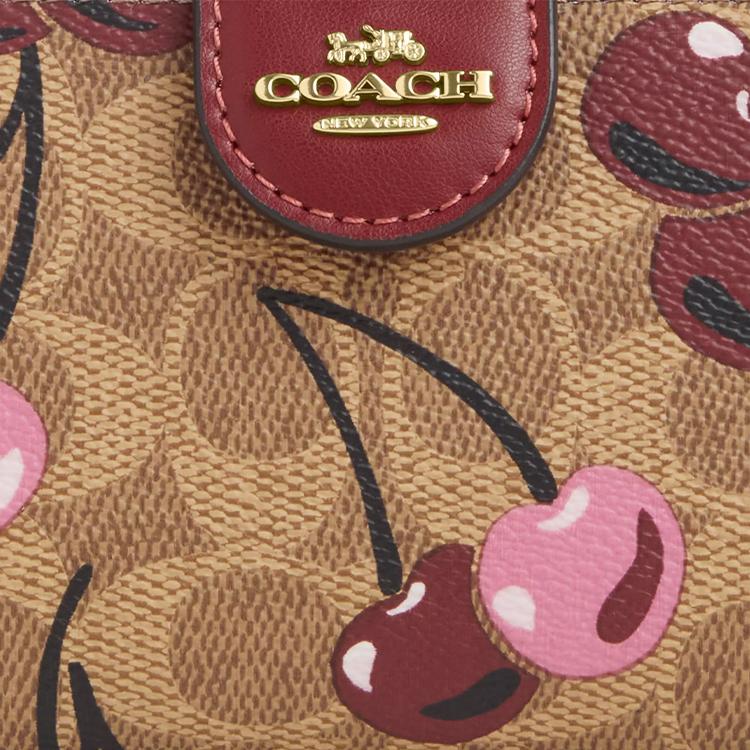 Coach 13-Eck-Reißverschluss Ikonisches Kirschen-Print Leder-Portemonnaie Damen-Portemonnaie Hellbraun Mehrfarbig CZ342-IMTAM