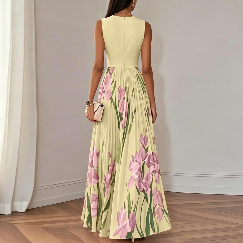 Maxi abito senza maniche con stampa floreale, gonna plissettata e scollo quadrato per donna, stile casual elegante