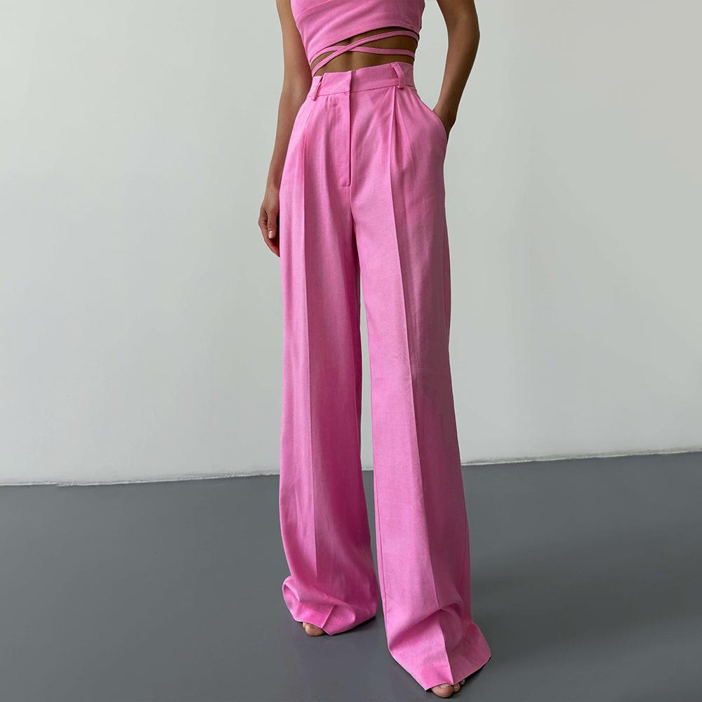 Women Linen Blend High Waist Pleated Wide Leg Trousers Casual Commuter Pants S
