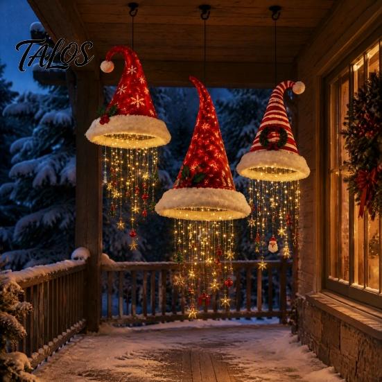 Stoff Weihnachtsdekoration Weihnachtsmütze Hängelaterne, Leuchtende Nikolausmütze Dekoratives Licht mit LED-Lichterkette Innen Außen Weihnachten Und Anhänger,
