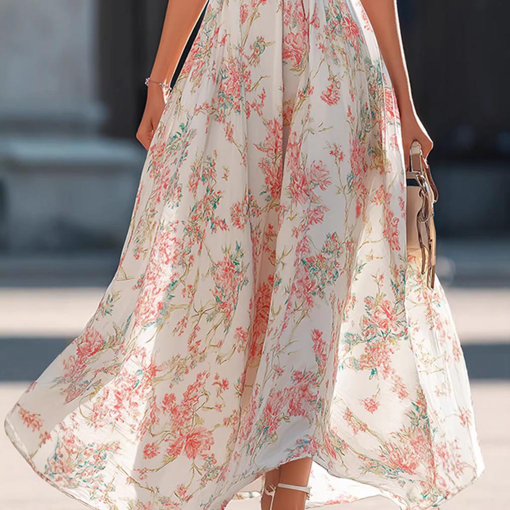 Women Sleeveless High Neck Bodycon Maxi Dress Floral Print Flowy Hem