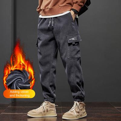 Fall Winter Men Cargo Pants Loose Drawstring Elastic Waist Plus Size Joggers Thickened Solid Color Pockets Fitness Streetwear Outdoor Travel Trousers