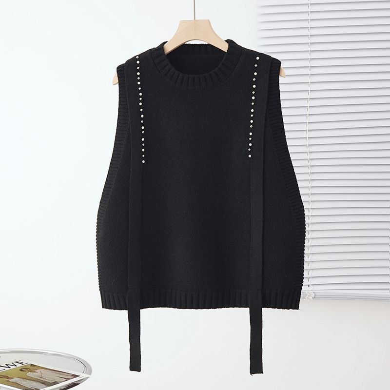 

Бисерный круглый вырез пуловер вязаный жилет жилет женский весенне-осенний свободный жилет свитер жилет зима One size（40-65KG） чёрный