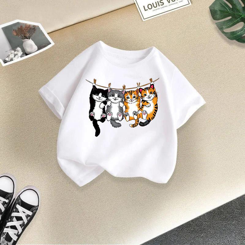 Dětské tričko s potiskem kočky Dětské 100% bavlněné oblečení Topy 2-13Y Volný střih Ležérní Kulatý výstřih Krátký rukáv