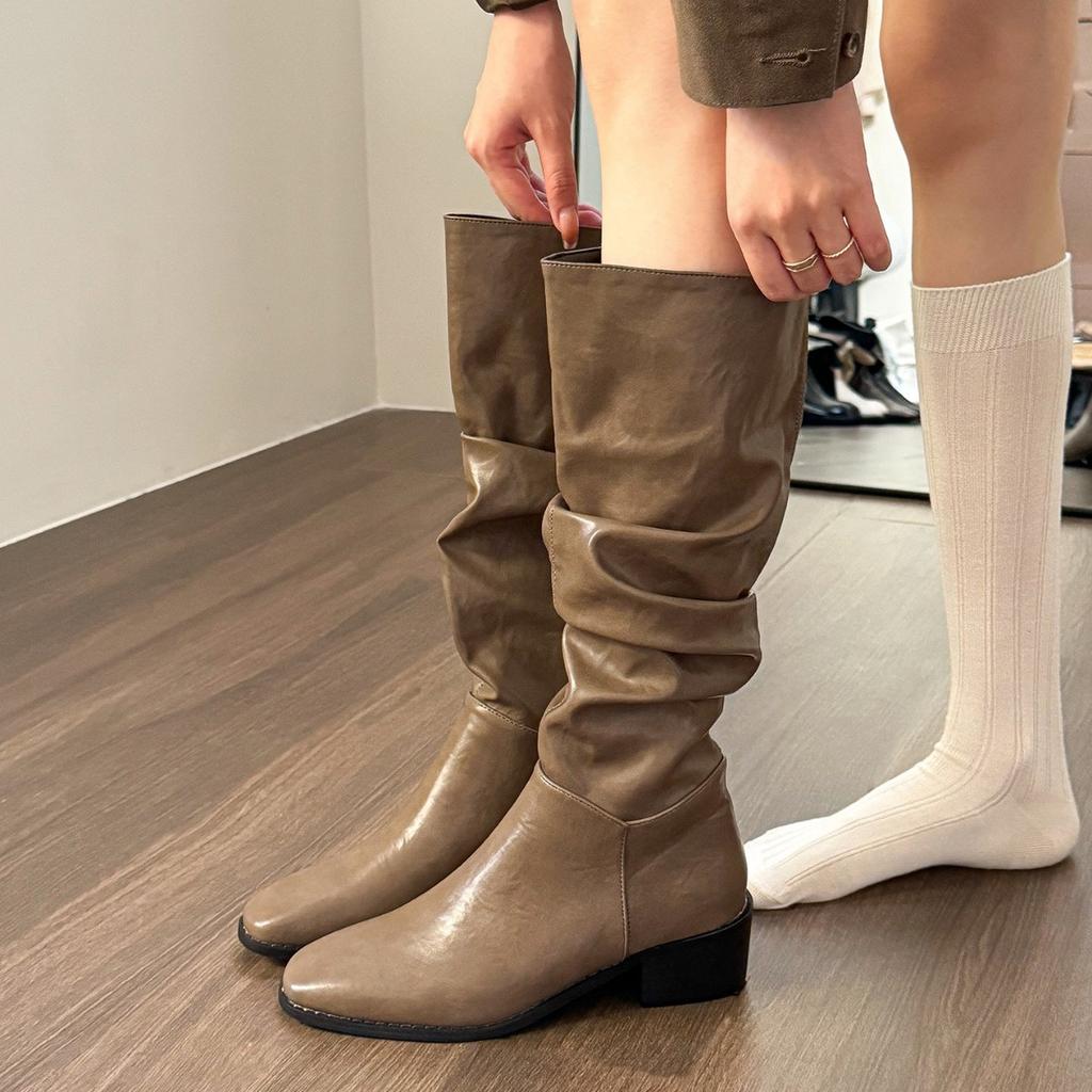 Factory Making Goods~ Coffee Gray Square Head Stacking Boots Women's 2025 New Autumn Oil Wax Leather Martin Boots