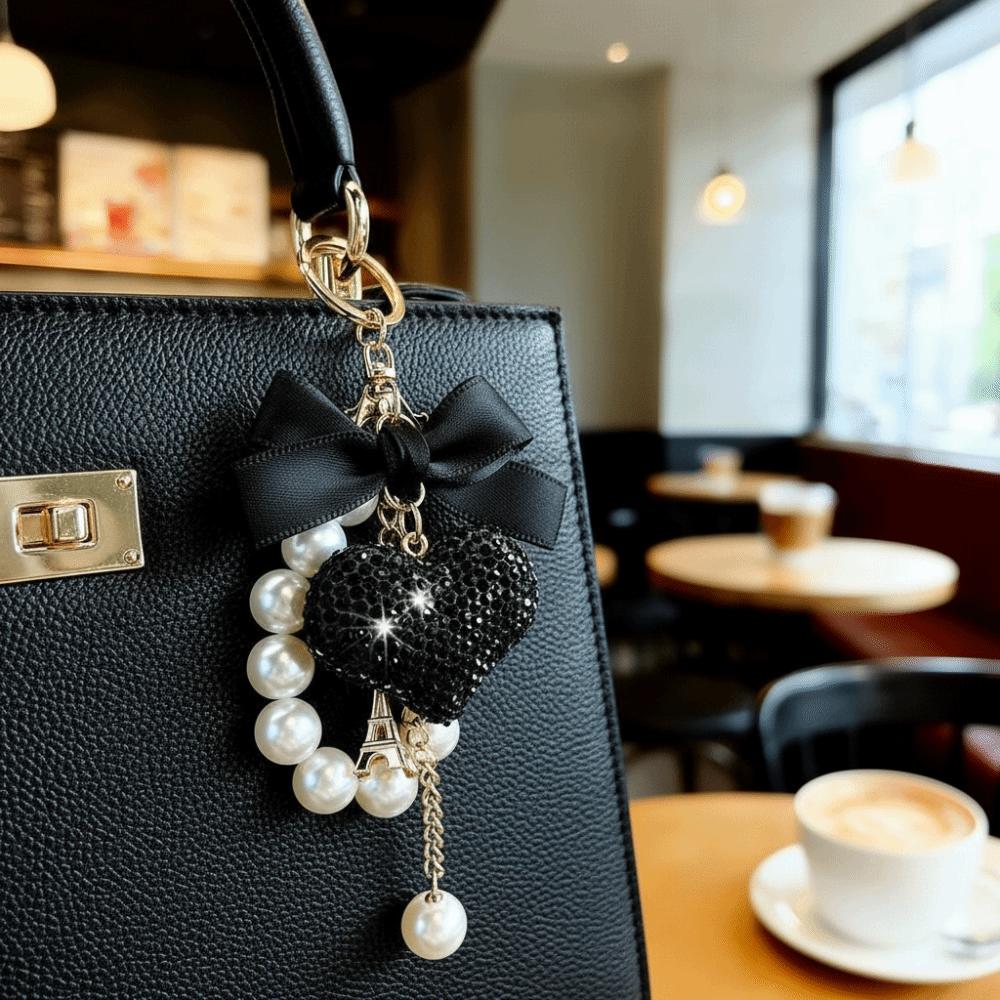 Crystal Rhinestone Heart Keychain Bow & Pearl Tassel Phone Lanyard Car Key Ring  Handbag Accessory