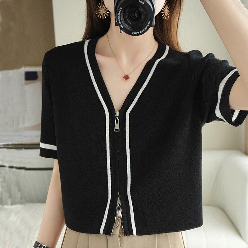 Summer Ice Silk Women Shirt Zipper Women Knit Blouse V-neck Half Sleeve Sunscreen Shirts Casual Short Sleeve Tees Tops 25006