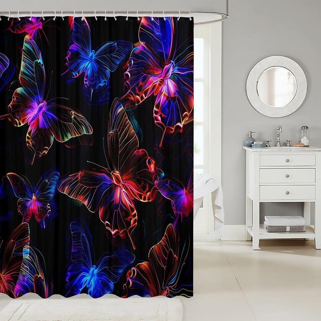 Butterfly Bath Curtain For Women Girls Rainbow Gradient Shower Curtain, Wild Animal Bathroom Curtain Colorful Glowing Wildlife