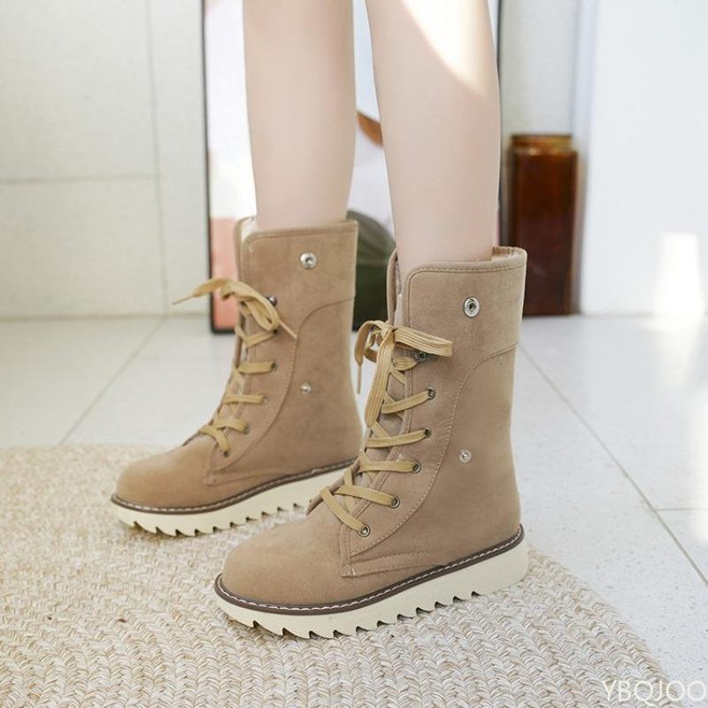 Mid length snow boots for women in autumn winter thickened warm with a simple comfortable lace up daily casual cotton boots