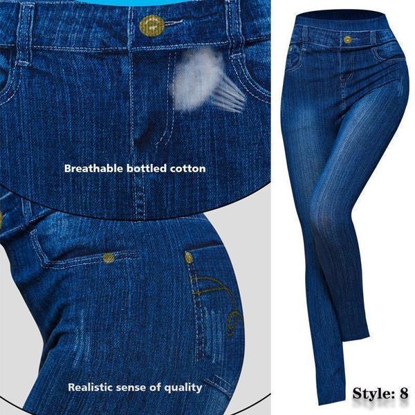 Women Printed Tight-fitting Super Stretch Leggings High Waist Outer Wear Sexy Close-fitting Imitated Denim Jean Leggings(Suitable for Weight 40-85kg)