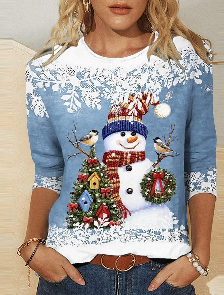 2023 Fashion Women's Pullover Christmas Blue Star Graphic Casual Sports O-Neck Long Sleeve Tops Micro-Elastic Fall & Winter
