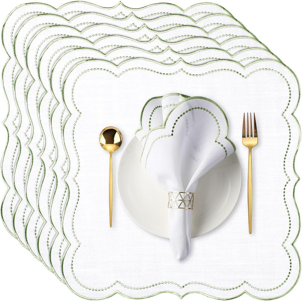 6Pcs Cotton Linen Cloth Napkins Machine Wrinkle Resistance Scalloped Embroidered Cloth Table Napkin for Wedding Holiday Giftable