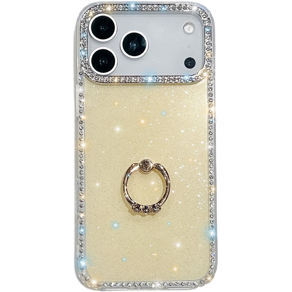 For iPhone 17 Pro Max Case with Ring Kickstand Rhinestone Edge TPU+PC IMD Phone Cover
