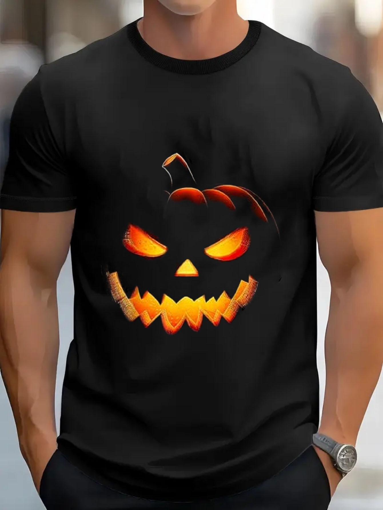 MenS Halloween TShirt  Spooky JackoLantern Pumpkin Face Graphic Tee Black Shirt with Orange Glow S