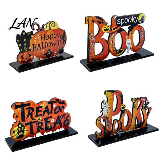 Halloween Wooden Ornaments Tabletop Ornaments, Freestanding Solid Wood Letter Signs, Decorative Table Centerpiece Desktop Accessories with Pumpkin And