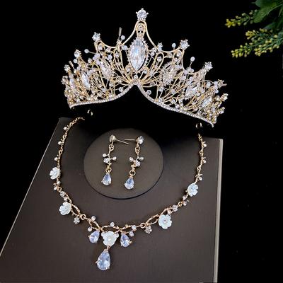 Golden Bride's Crown Three Piece Set Wedding Crown Headwear Necklace Earrings Korean Style Super Fairy Like Wedding Dress Matching