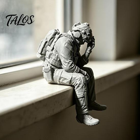 Talos 3D Printed Soldier Figurine Ornament, Sitting Tactical Statue, Funny Tired Sculpture for Table Shelf Edge Decor