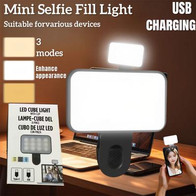 Mini Selfie Fill Light Rechargeable 3 Color Modes Adjustable Brightness Clip On Mobile Phones Computers Photography LED Lights