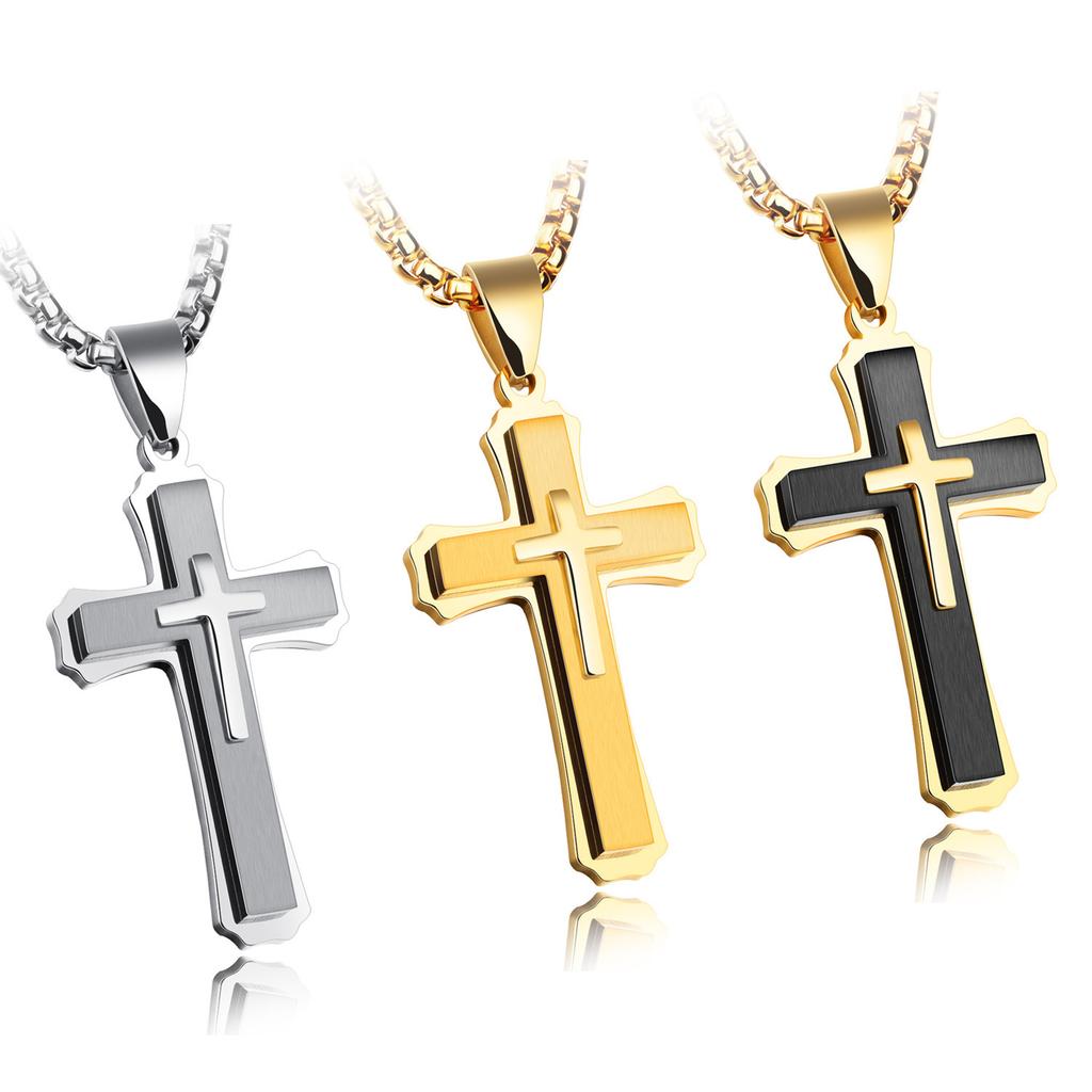 3D Cross Pendant Necklace Titanium Steel Fade Resistant Mens Jewelry Accessory
