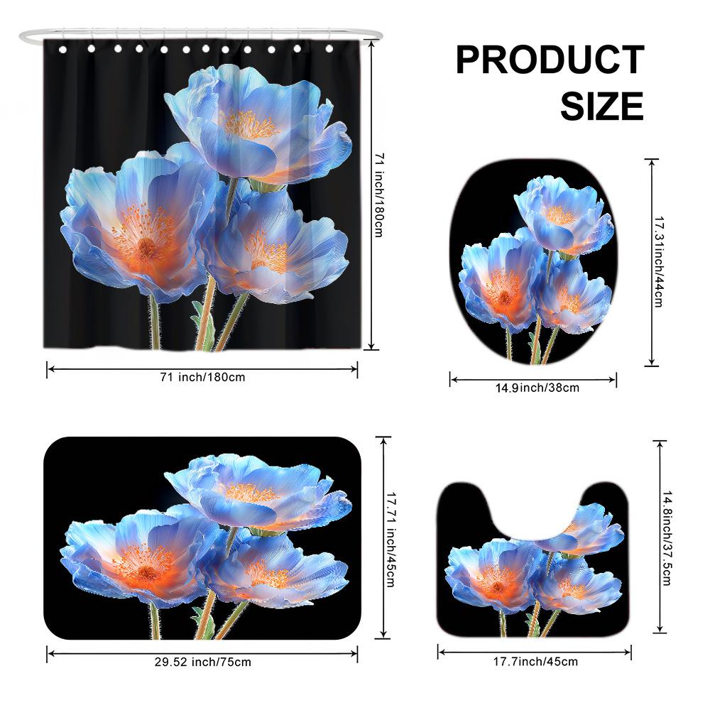 4Pcs Blue Flower Blooming Shower Curtain Set with Non-Slip Bath Mat, Toilet Lid Cover, Contour Rug & 12 Hooks, Bathroom Decor