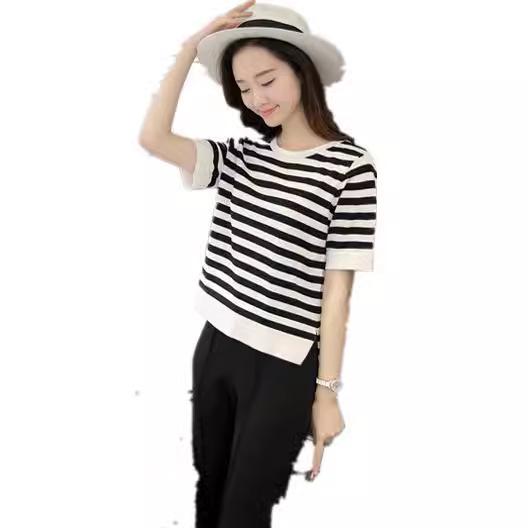 Summer New Women's Clothing Loose Korean Version Large Size Top Black and White Stripes Front Short Rear Long Short Sleeve T-shirt Women's Base