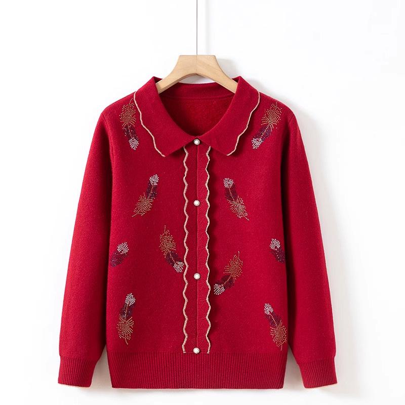 Women s Velvet-Lined Lapel Sweater - Cozy Autumn/Winter Knit for Middle-Aged & Elderly Women M (85-100 jin)