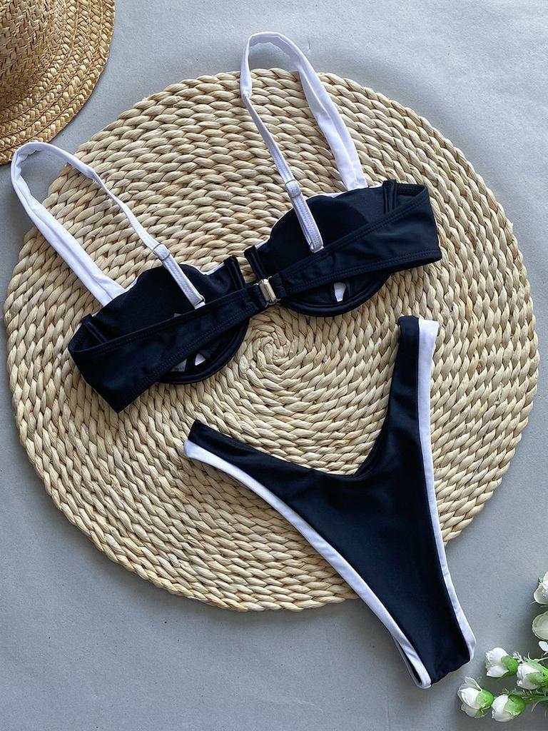 2024 European & American Sexy Black & White Cross-Strap Bikini Swimsuit for Women
