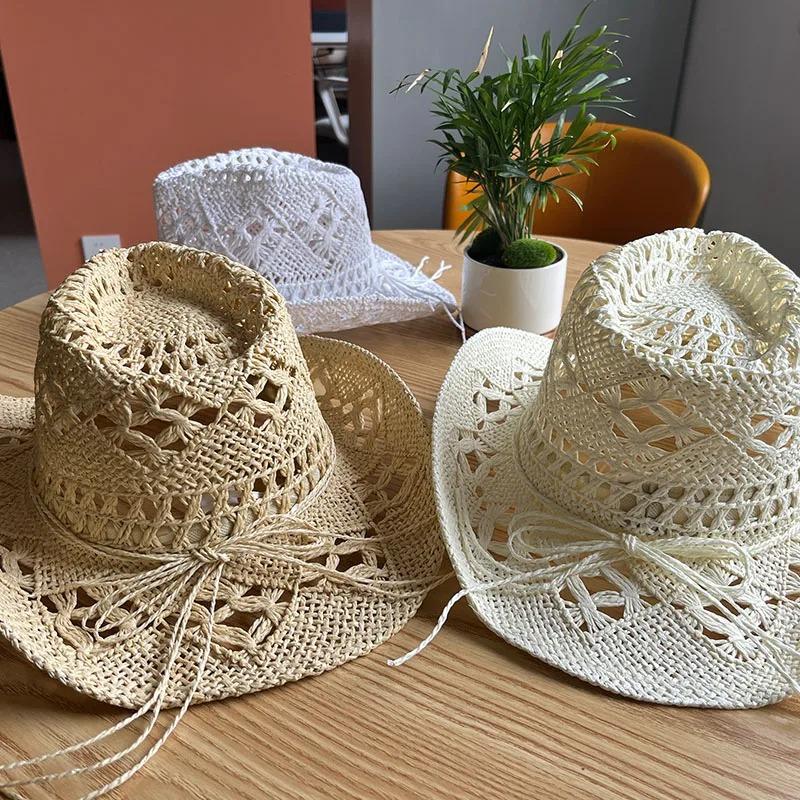 Cappello Western Cowboy in Paglia Bohemien alla Moda Nuovo per Donne, Cappello da Sole Classico Retrò Unico Vuoto a Tesa Larga per Uomini, Fis