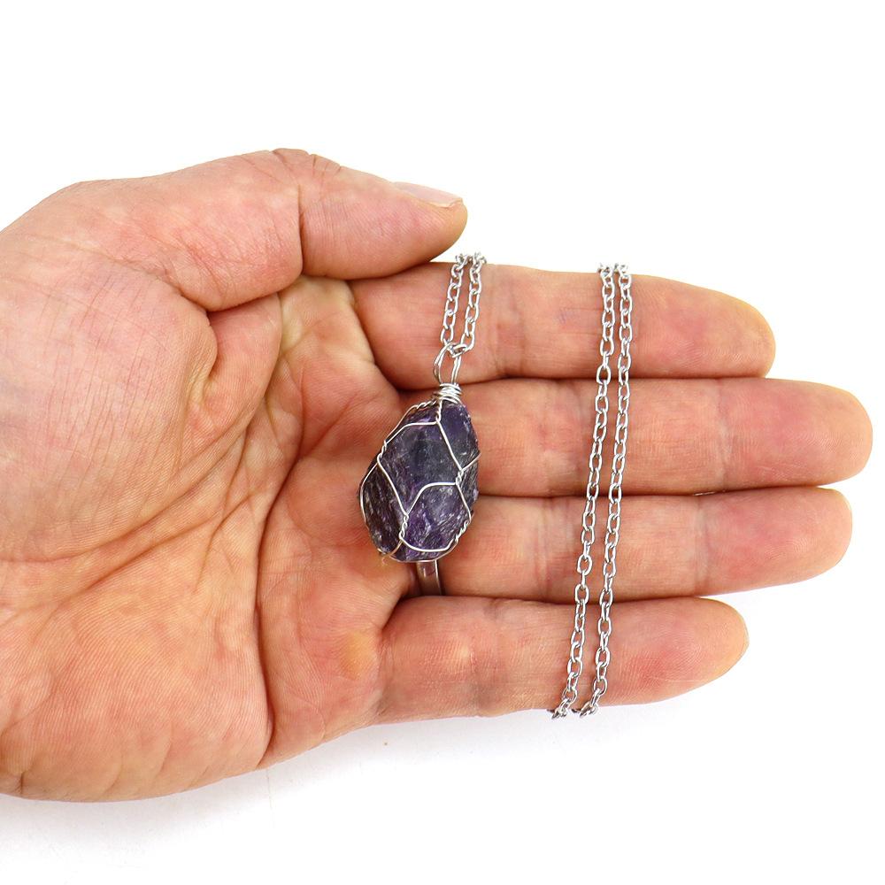 Irregular Natural Crystal Amethyst Rough Stone Pendant, Handmade Twisted Stone Necklace N651
