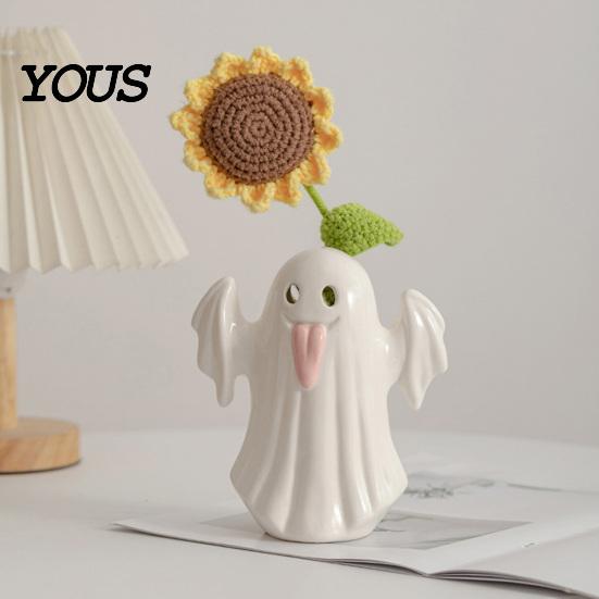 Modern Minimalist Home Decor Light Up Ceramic Ghost Figurines for Halloween Decor, Cute White Statue Milky Vase with Pink Tongue, LED Night
