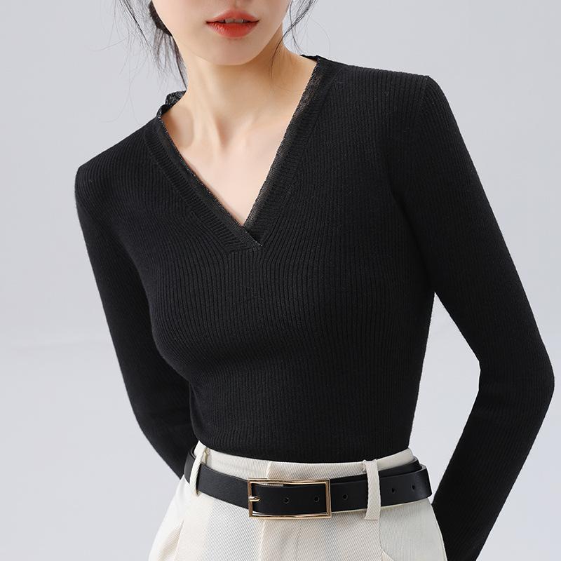 

Новый стиль вязаной базовой футболки для женщин Европейский темперамент женский V-образный вырез пуловер свитер приталенный крой нижнее белье 3XL