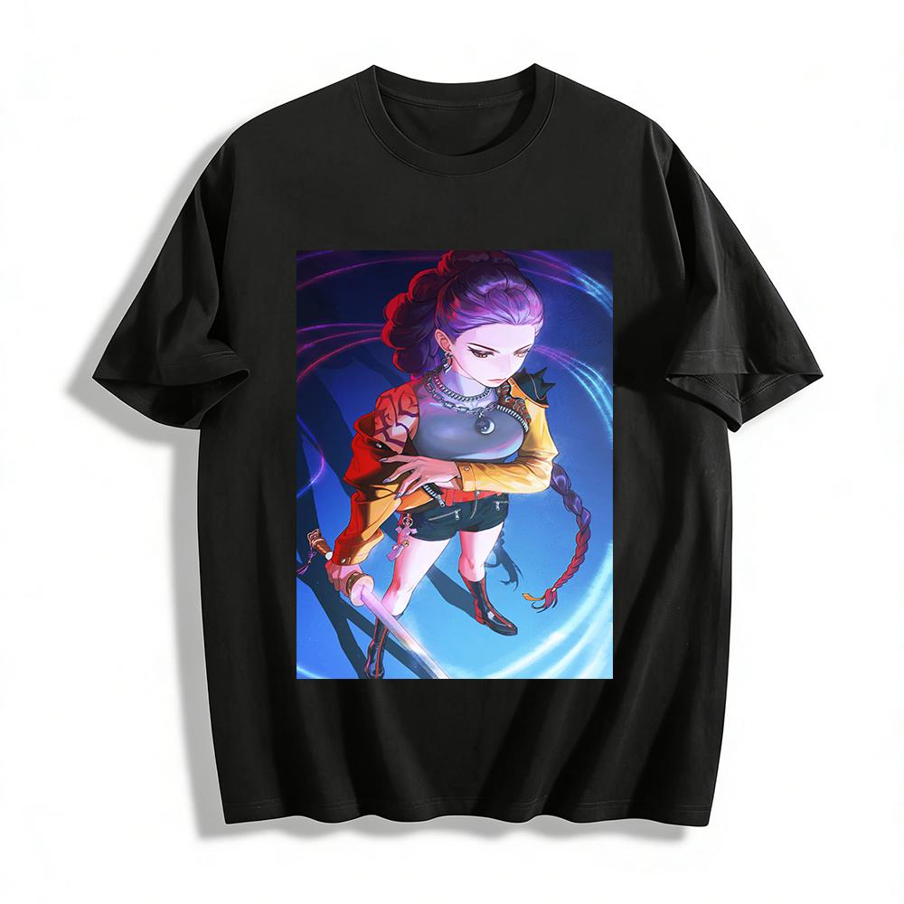 

Cyberpunk Cool Sword Girl Print Trendy T-shirt Street Fashion Loose Comfortable Cotton Short Sleeve Pure cotton T-shirt 6XL