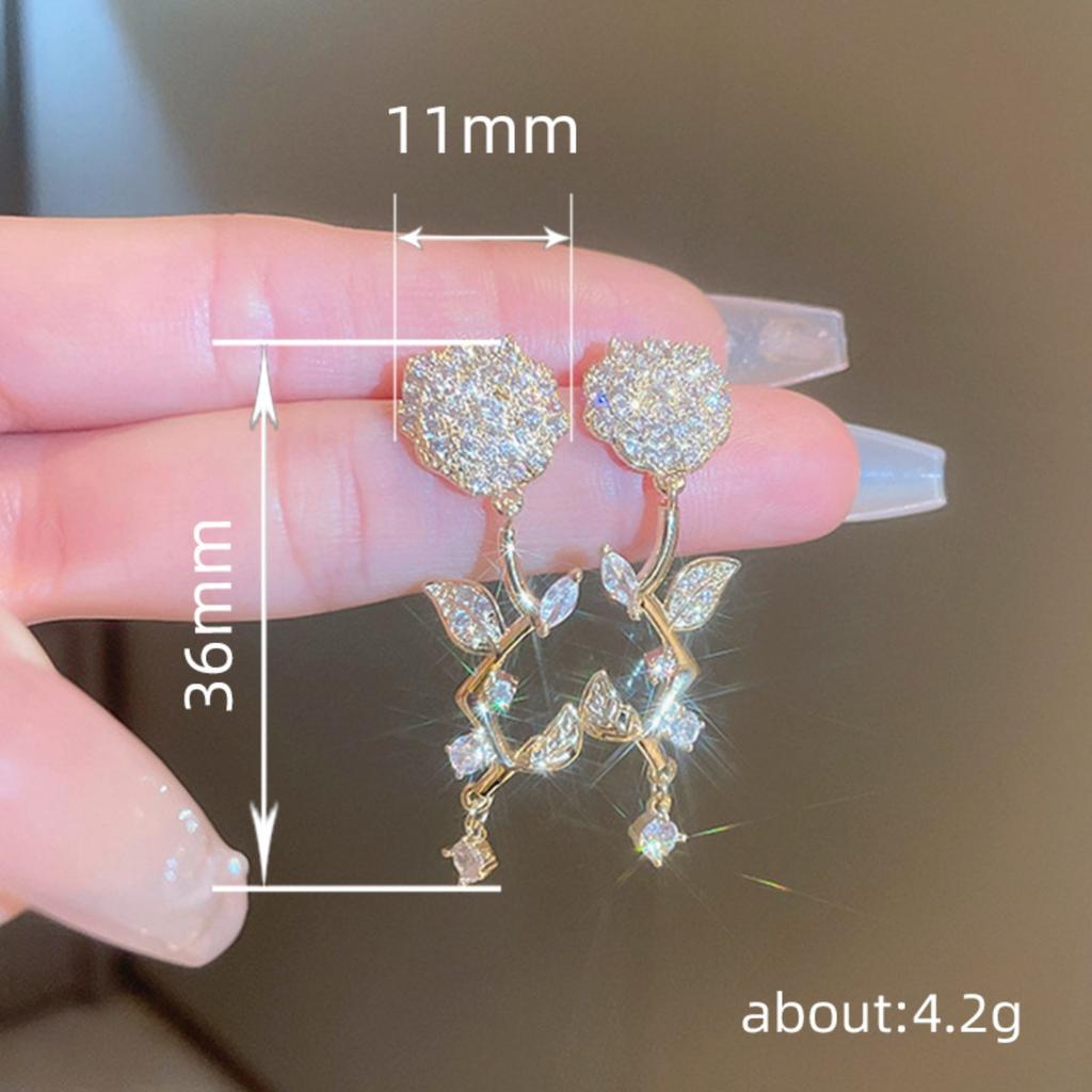 Rose Flower Drop Earrings for Women Sparkly Leaf Dangle Earrings Elegant Wedding Party Jewelry Gift