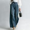 Womens High-Waisted Wide-Leg Denim Pants With Dual Zippers Straight Cut Comfortable Casual Trousers