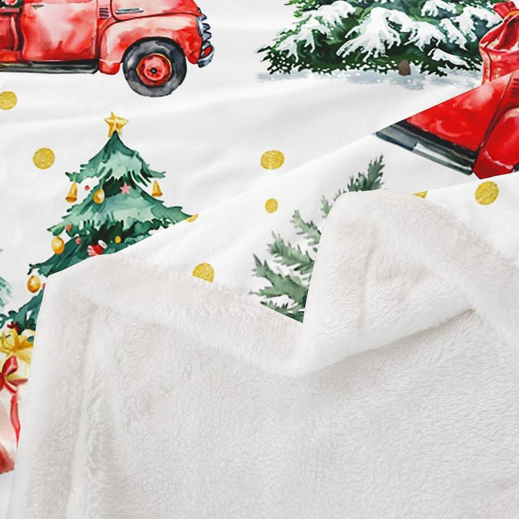 Christmas Throw Blanket Watercolor Red Truck Decor Fleece Blanket for Kids Teens Adults Green Xmas Trees Yellow Polka Dots Fuzzy