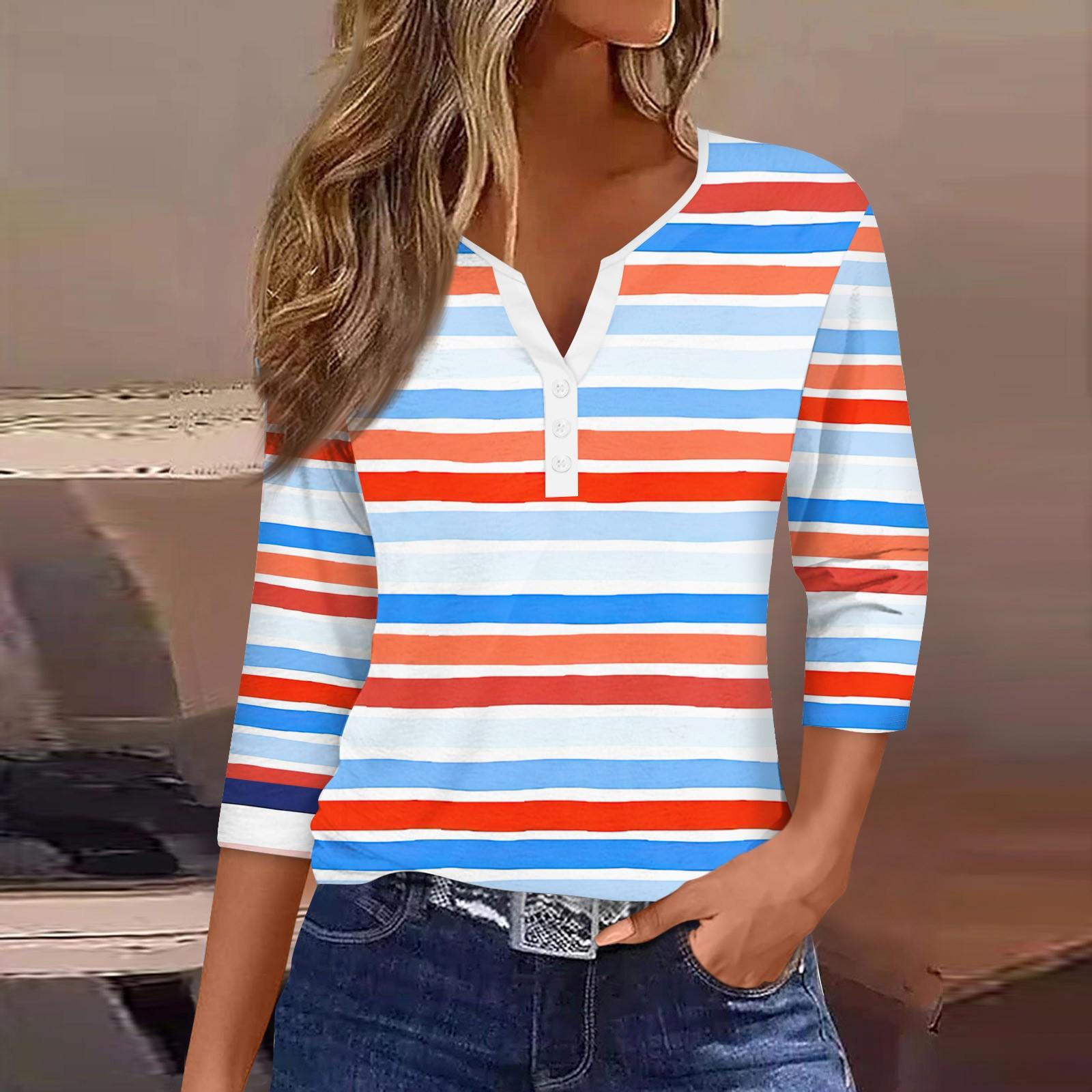 

Женская мода Повседневная полосатая футболка с v-образным вырезом и декоративными пуговицами с рукавом три четверти Топ XXL оранжевый