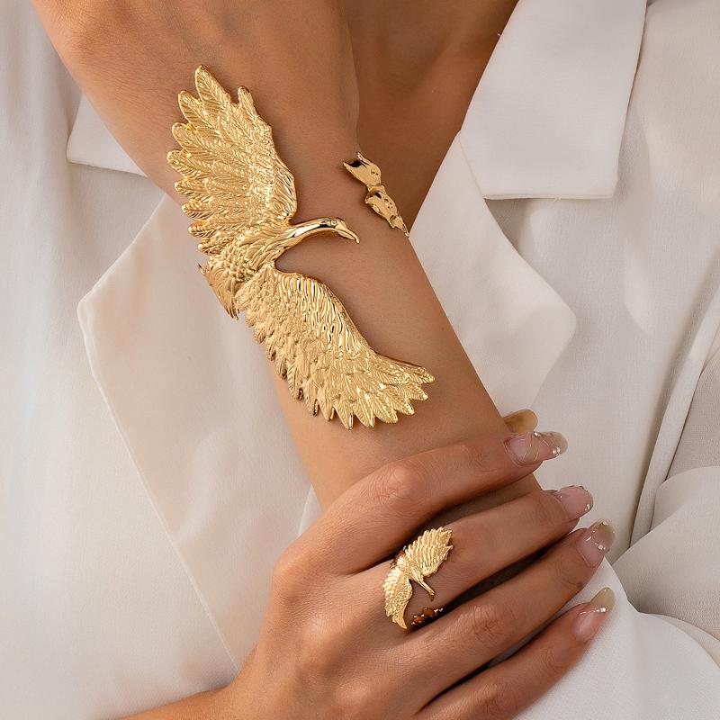2 Pcs Gold Phoenix Cuff Bracelet Ring Set Exquisite Carved Details Adjustable Size Great For Party Prom Gift