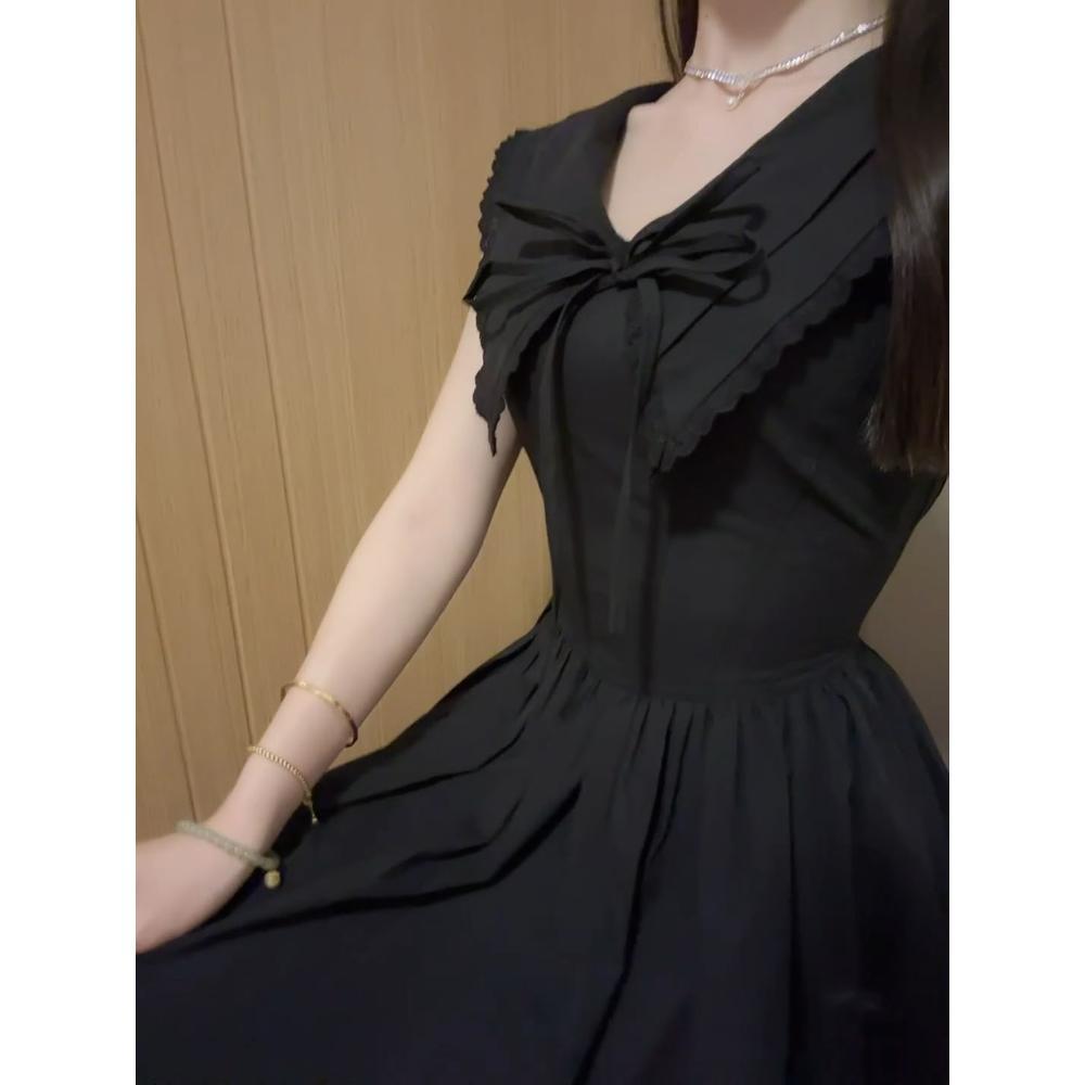 

Сяосянфэн Хепберн черный лацкан галстук-бабочка без рукавов платье рукав пять четвертей женственность длинное платье женское лето XL- (recommended 110-60kg)