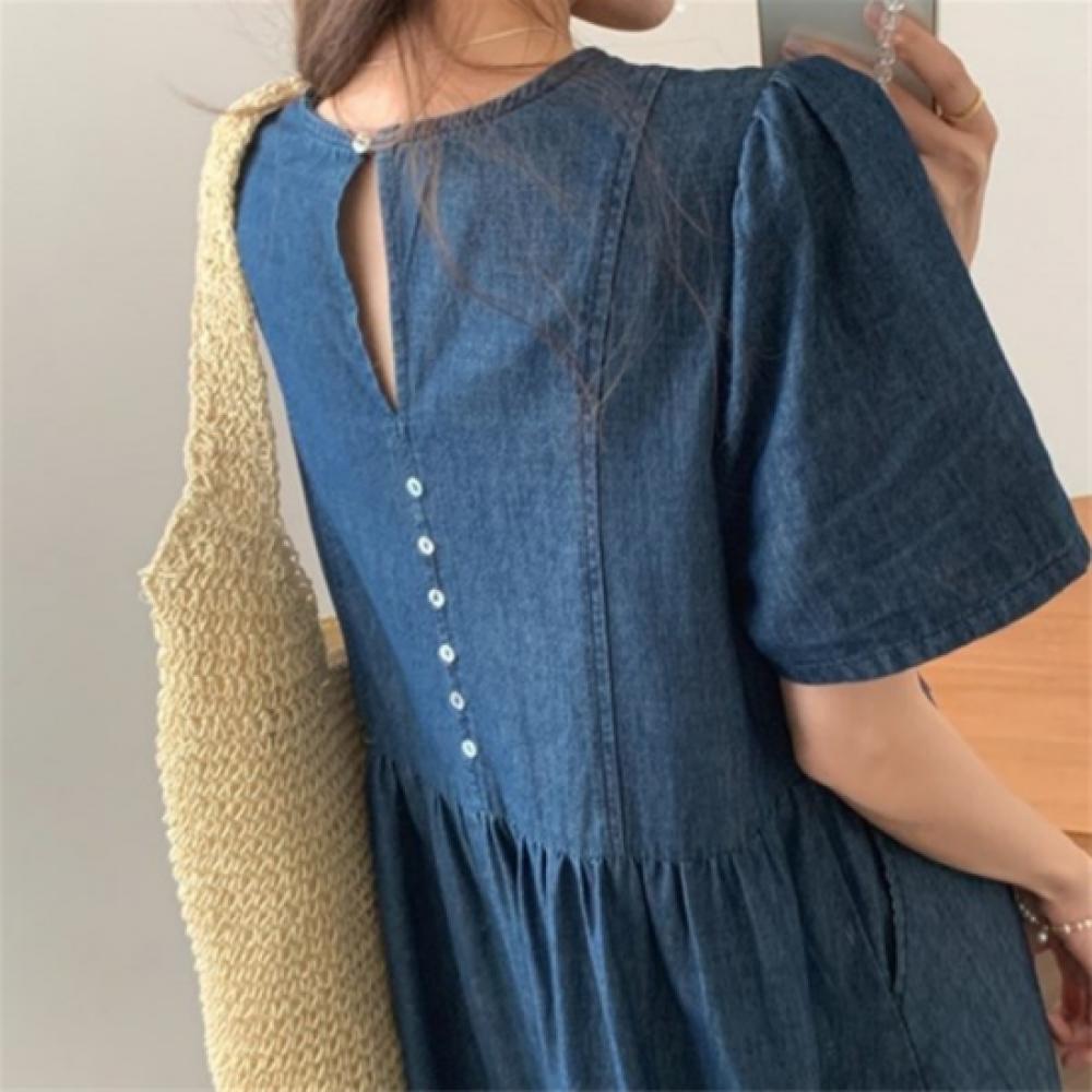 New Arrivals Open Run Women Puff Sleeve Pocket Denim Long Dress