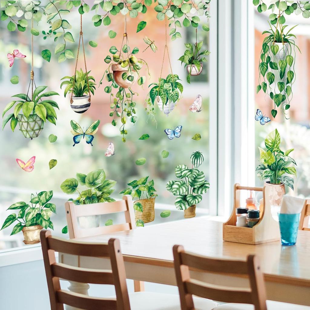 Whaline 6 Sheet Potted Plant Window Clings Hanging Vine Plant Eucalyptus Leaves Reble Window Decals for Home School Office Spring Summer Party