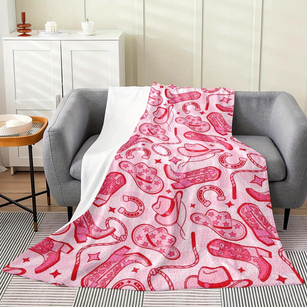 1pc Pink Western Cowboy Boots & Hats Print Flannel Blanket - Soft All-Season Cozy Throw for Bed, Couch, Camping & Travel