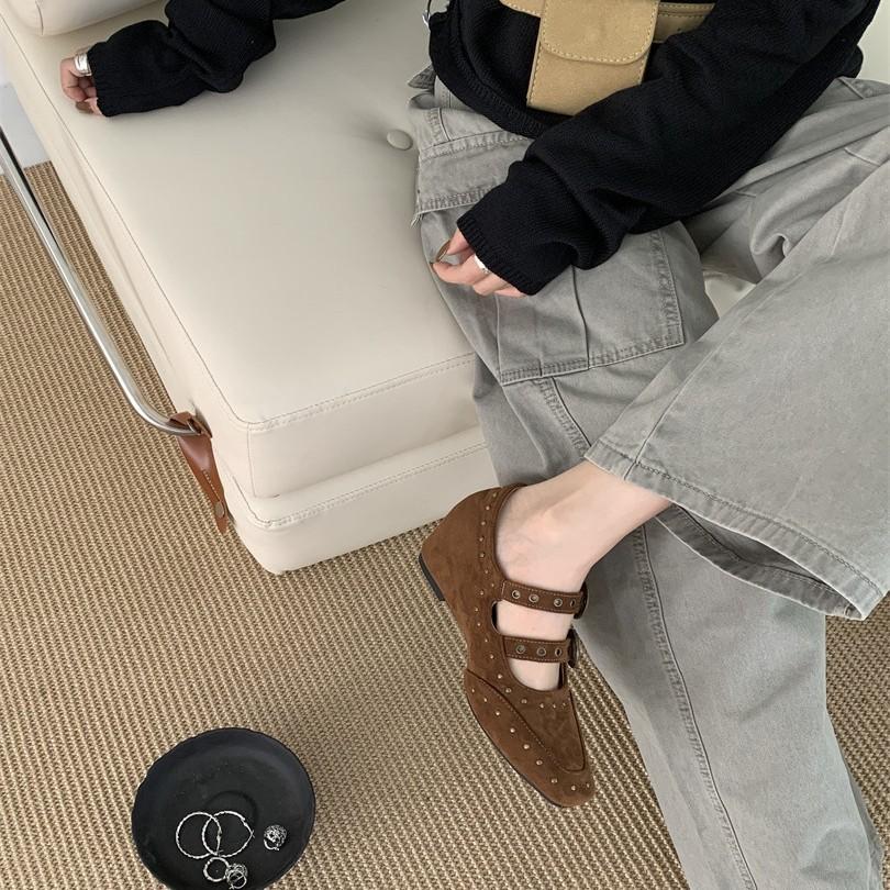 Punk Style Niche Double Buckle Belt Inner Height Increase Square Head Suede Mary Jane Shoes Women's Rivets Shallow Mouth Single Shoes